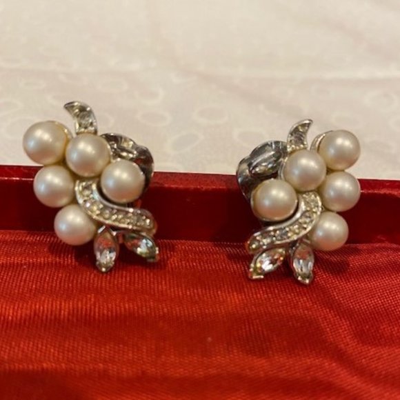 VTG MARBOUX Pearl Rhinestone Formal EARRINGS - Picture 3 of 7